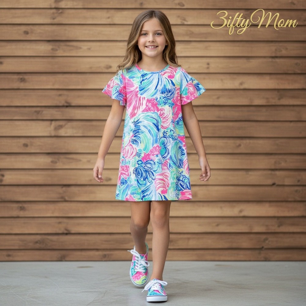 Lilly Pulitzer Girls Mini Lindell Dress Size L 8-10 Pink Blue Sea Shell Ruffle